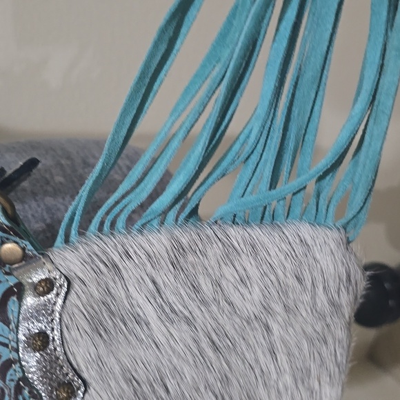 MYRA Cowhide Blue Leather Fringe Southwest Bag Crossbody Purse Concho Western - Picture 4 of 8